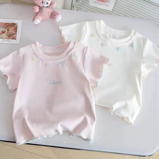 百搭打底衫 女童纯棉短袖 儿童蝴蝶结上衣宝宝韩版 夏季 T恤2025新款