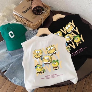 上衣 宝宝无袖 100%纯棉儿童夏季 百搭背心t恤卡通海绵宝宝男女童装