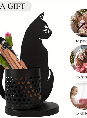 亚马逊新品黑猫笔筒铁艺创意极简办公桌面摆件书桌收纳笔筒工艺品