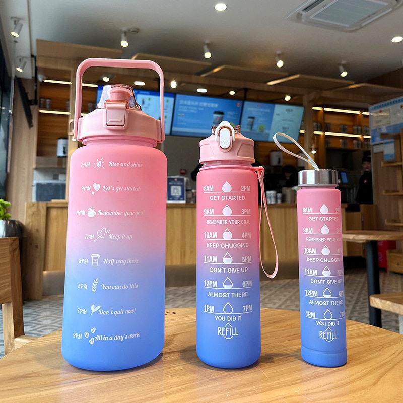 跨境外贸热销渐变色塑料三套杯颜值运动水杯大容量水壶女磨砂