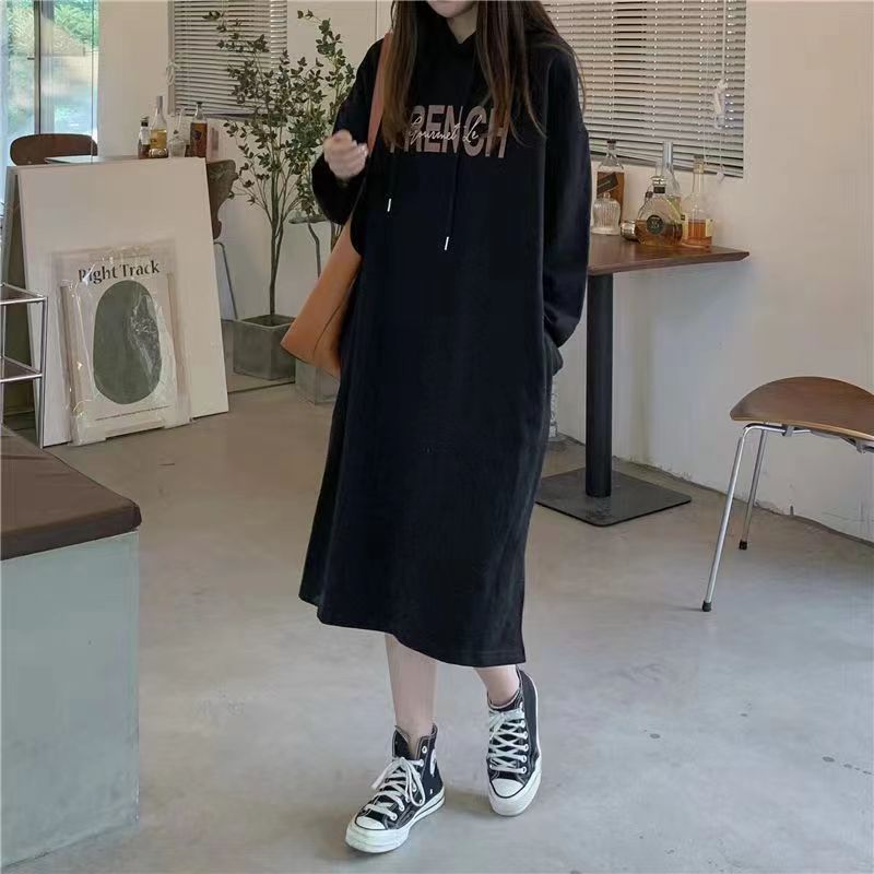秋冬新款韩系纯棉连帽卫衣裙孕妈加绒宽松遮肚时尚百搭开叉连衣裙
