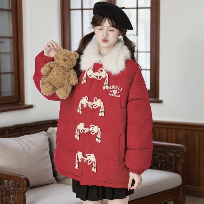 设计感牛角扣加厚羽绒棉服孕妈冬