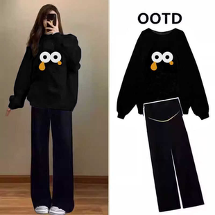 孕妇秋冬套装加绒卫衣2025新款韩版美式秋装宽松遮肚子上衣两件套