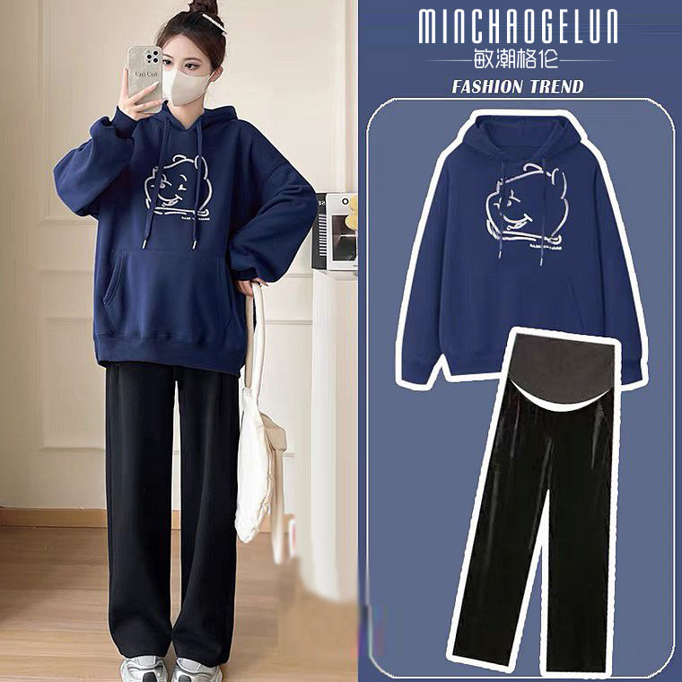孕妇装2025新款宽松纯棉连帽卫衣加绒加厚韩版休闲阔脚裤两件套