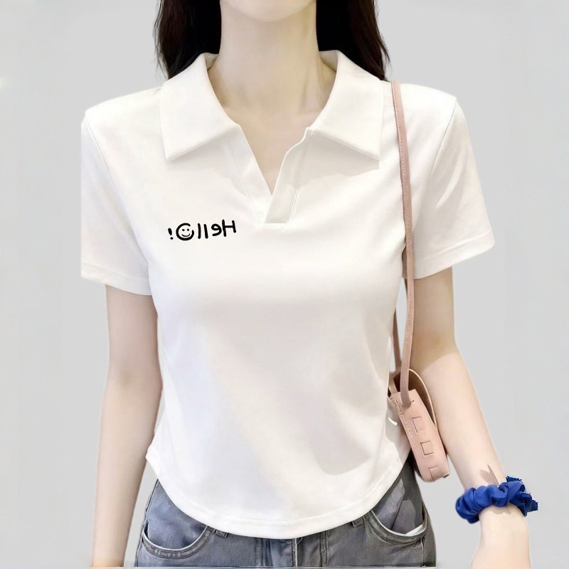 白色翻领短袖t恤女夏季薄款修身短款v领辣妹体恤衫正肩polo领上衣