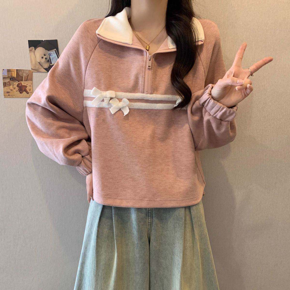 粉色正肩插肩袖卫衣2026新款春装大码女装胖mm显瘦遮肚polo领上衣