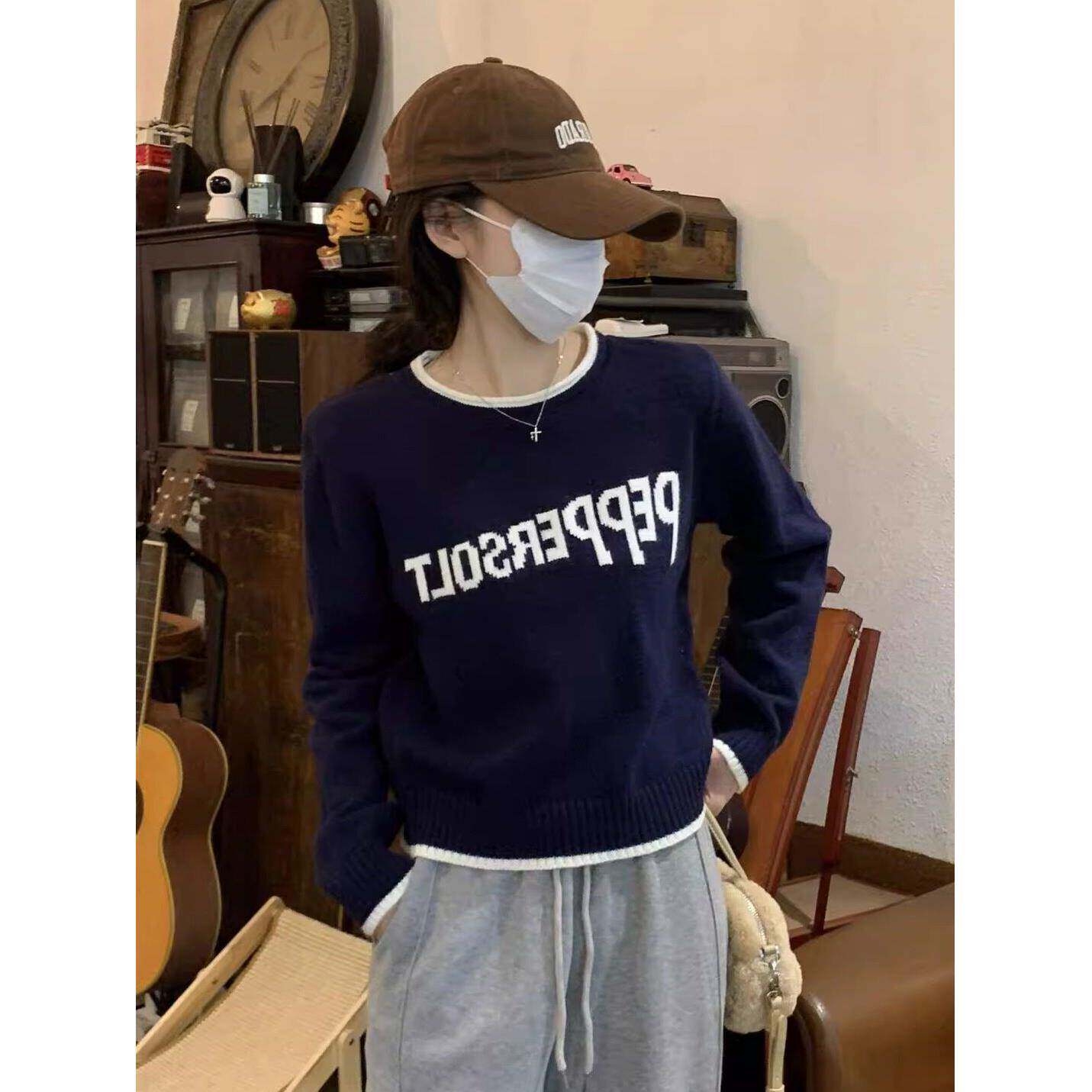 港味风格撞色扎染字母毛衣女春秋冬新款长袖衫时尚短款针织上衣潮
