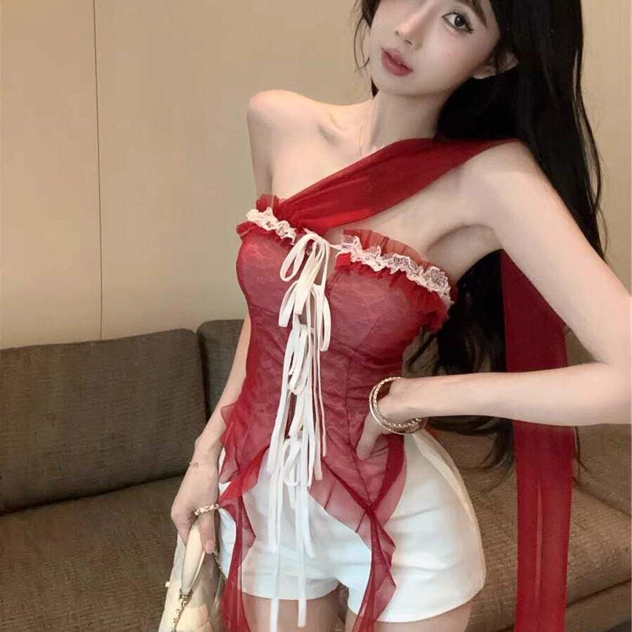 荷叶边飘带挂颈蕾丝吊带背心女夏泰式辣妹一字肩鱼骨抹胸上衣绝美