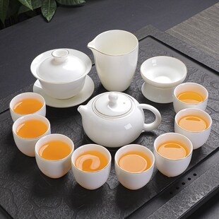 家用客厅办公室茶盘高档白瓷盖碗茶壶茶杯定制 羊脂玉功夫茶具套装