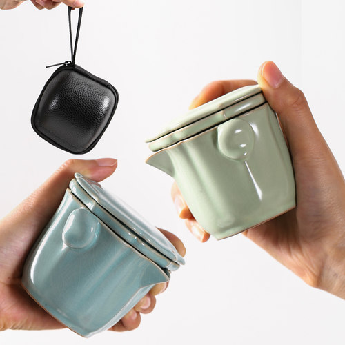 汝窑快客杯一壶二杯便携式旅行茶具小套装户外游包功夫泡茶壶杯