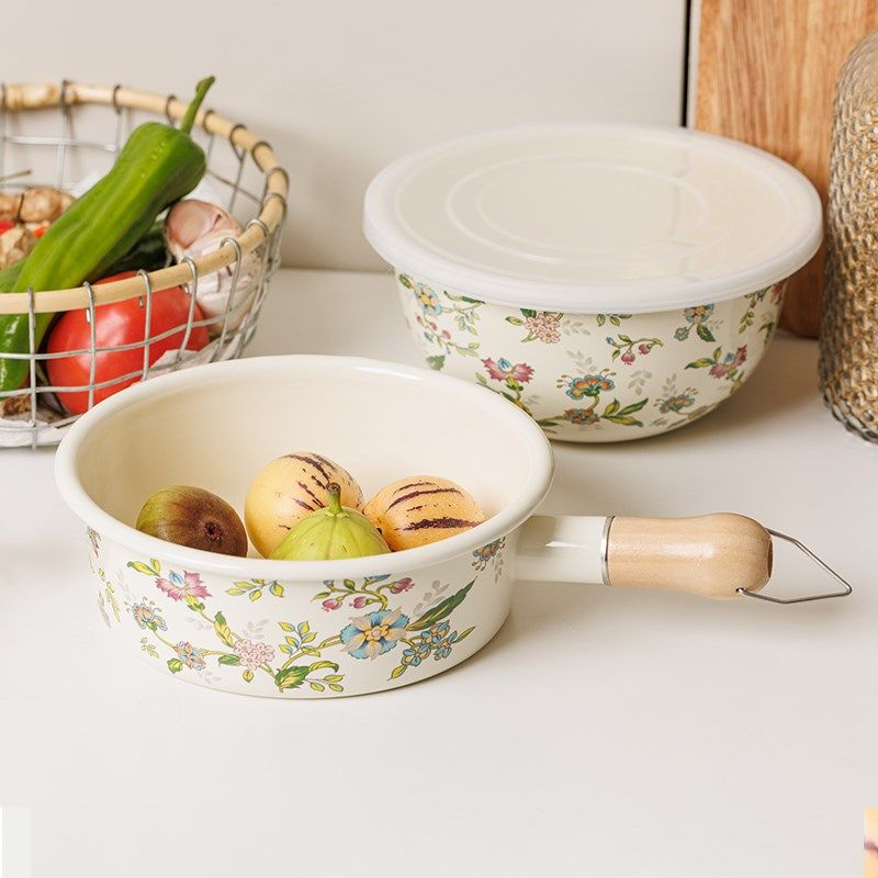 韩风 搪瓷雪平锅日式20cm大号珐琅煮奶锅带手柄婴儿辅食锅食品级