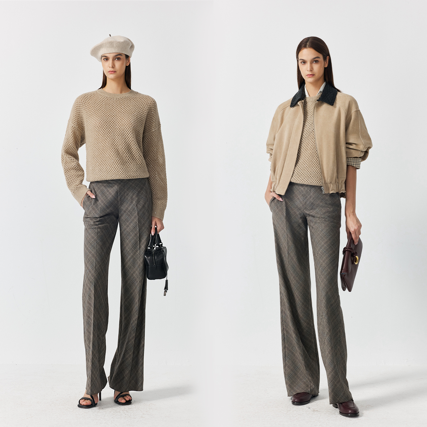 COLINWANG-悠然绅影|奢牌质感进口羊毛复古格纹通勤微喇西装裤