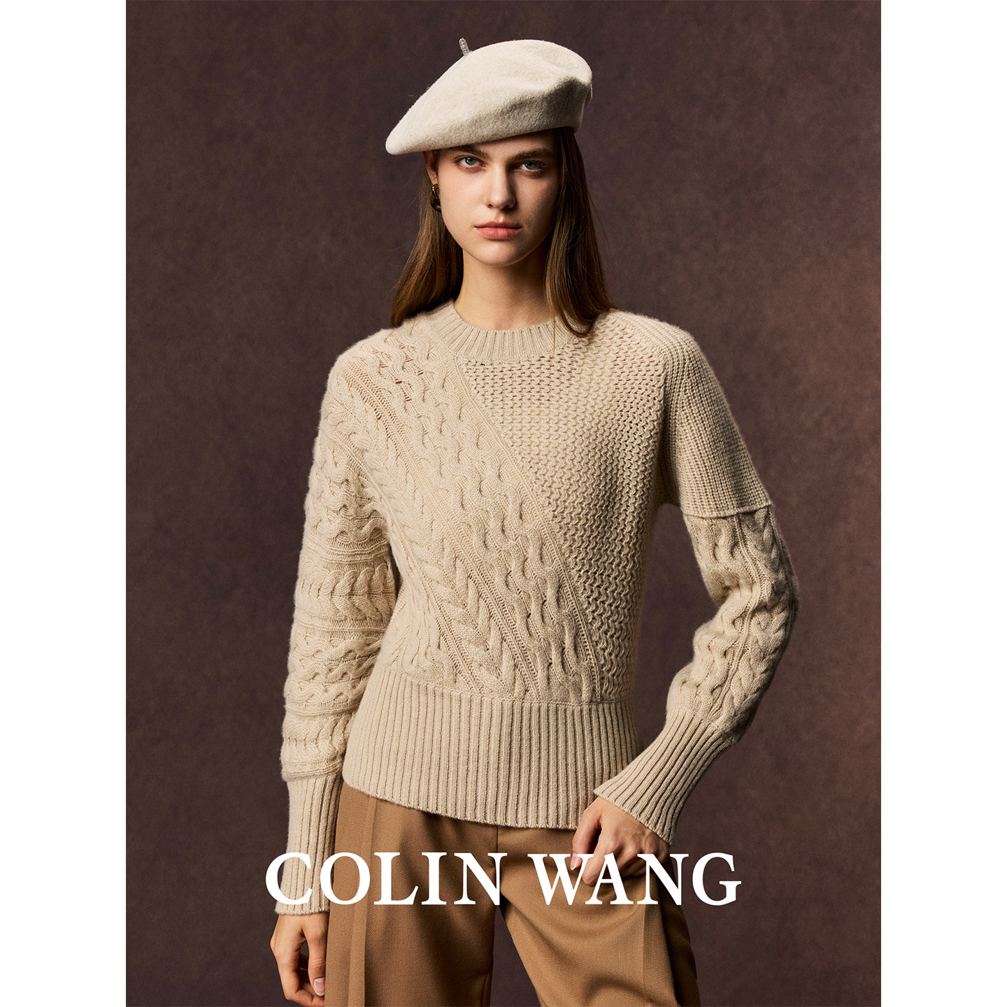 COLINWANG-大地礼赞|獨家定纺山羊绒设计感绞花英伦休闲针织衫