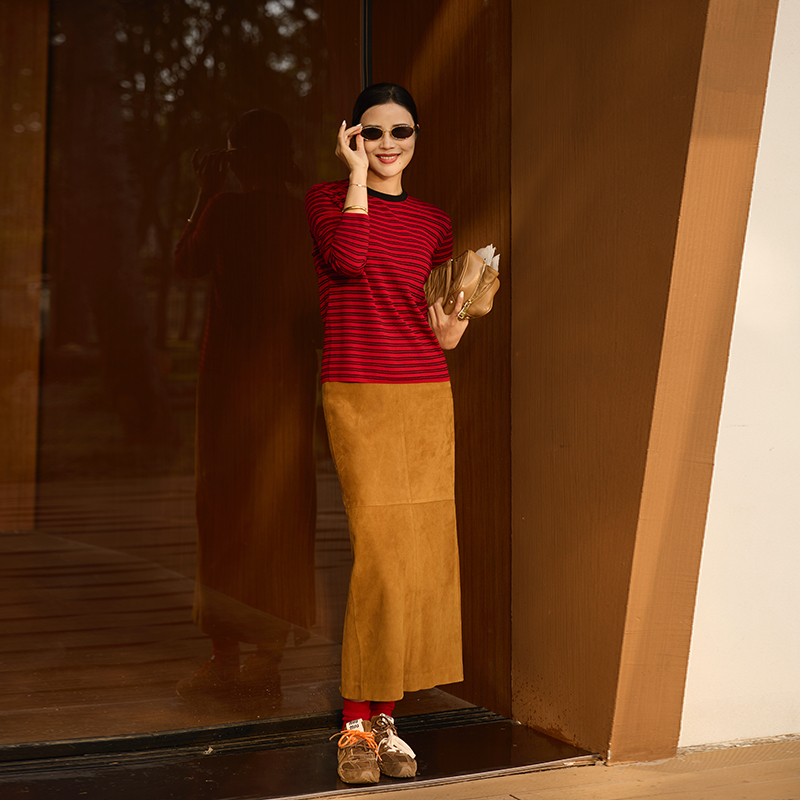 COLINWANG-复古流金|欧洲进口植鞣绵羊皮反绒复古设计感皮半裙