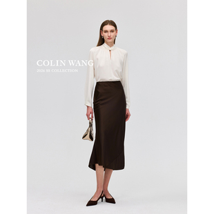 COLIN WANG悠然绅影系列|奢牌质感法式优雅设计感缎面鱼尾半裙