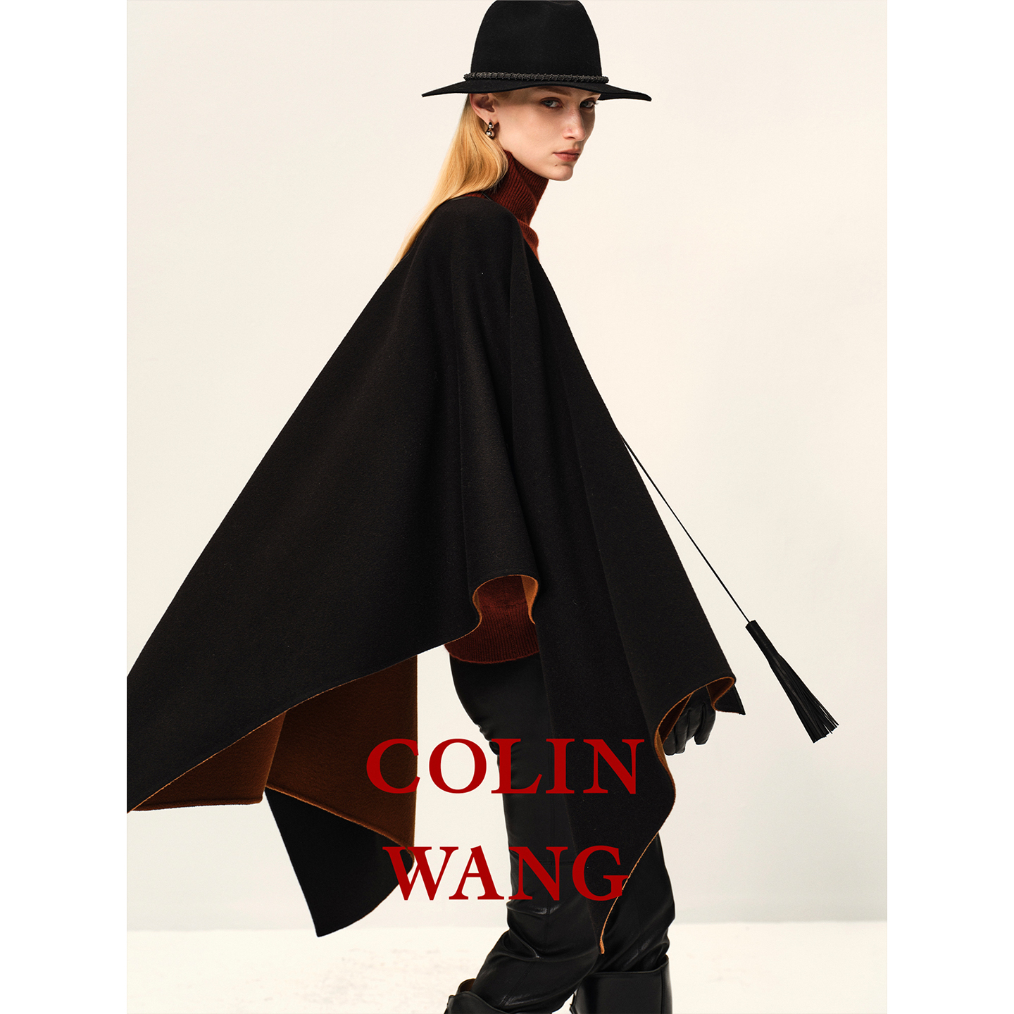 COLINWANG-慕影骑士|老钱风双面呢立领羊绒大衣外套/抽绳流苏披肩