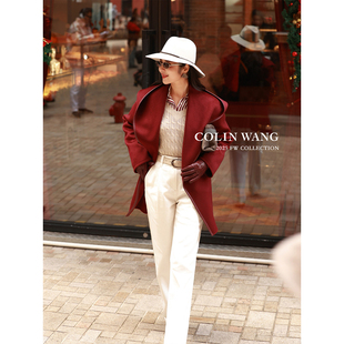 COLINWANG静谧的张力|奢牌同源重磅14μm羊绒拼皮连帽双面呢大衣