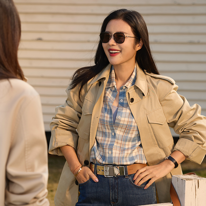 COLIN WANG-'蔚蓝云朵'意大利进口羊毛亚麻清爽格纹衬衫张若愚