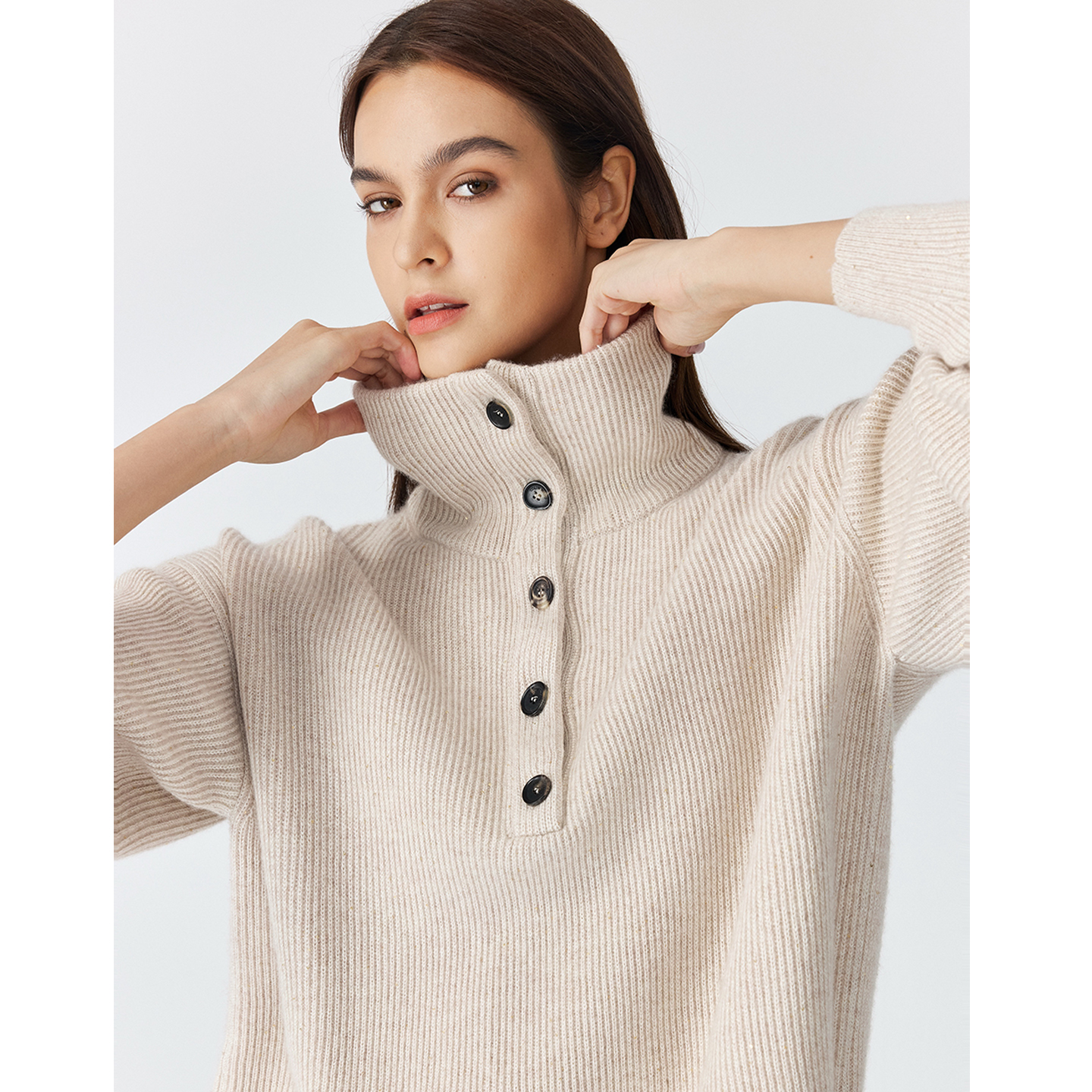 COLINWANG-金斯曼札记|奢牌质感羊毛羊绒珠片纱英式半门襟针织衫