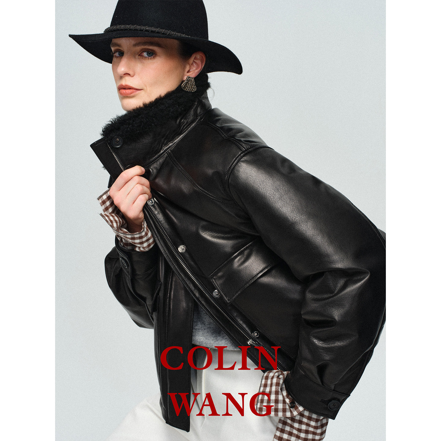 COLINWANG-摩登信标|英国进口绵羊皮拼接拉贡毛领羽绒服夹克外套