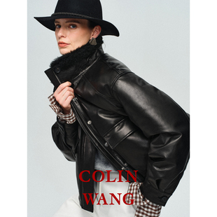 COLINWANG-摩登信标|英国进口绵羊皮拼接拉贡毛领羽绒服夹克外套