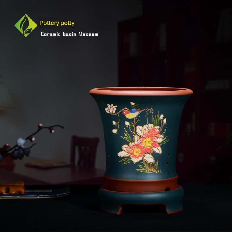 高品质紫砂兰花花盆陶瓷花盆香兰古董托盘桌面盆栽虎兰特别花盆