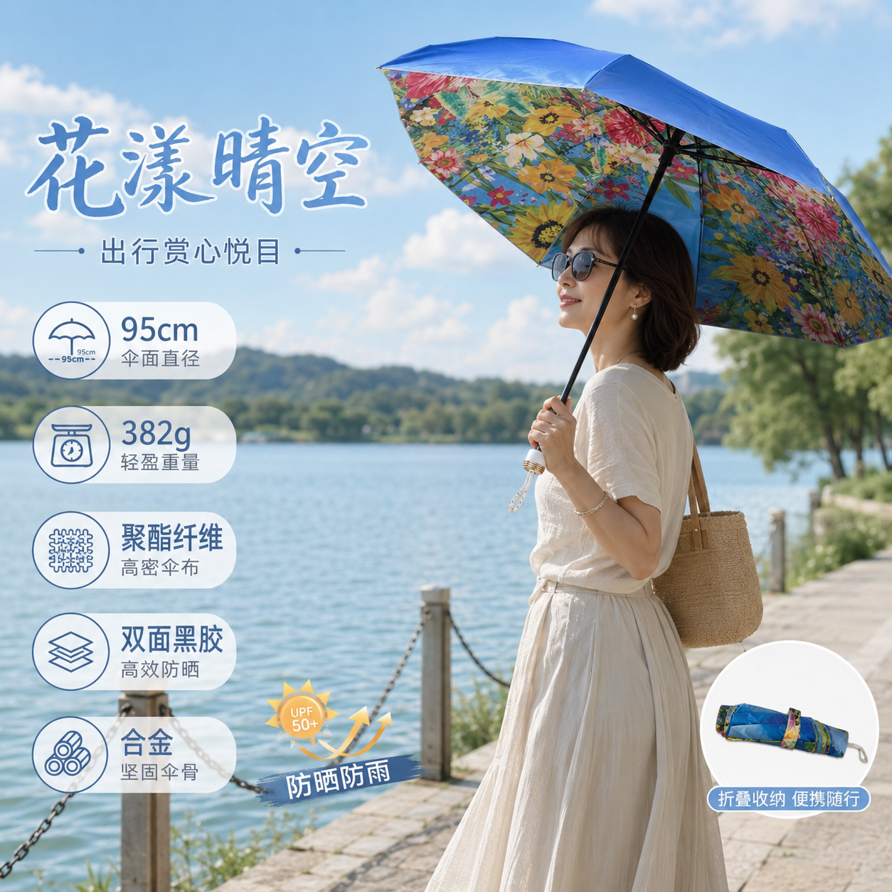 【花漾晴空】双层双花太阳雨伞女插画手绘风小巧便捷折叠遮阳防晒