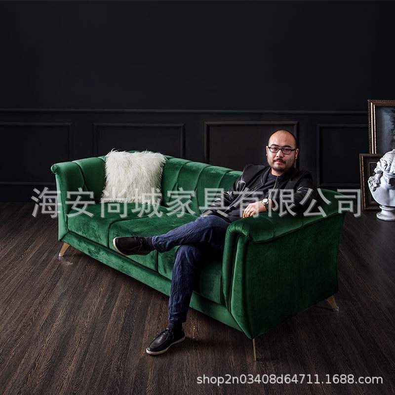 美式轻奢布艺三人沙发简约墨绿色软包沙发客厅家具可工厂销售