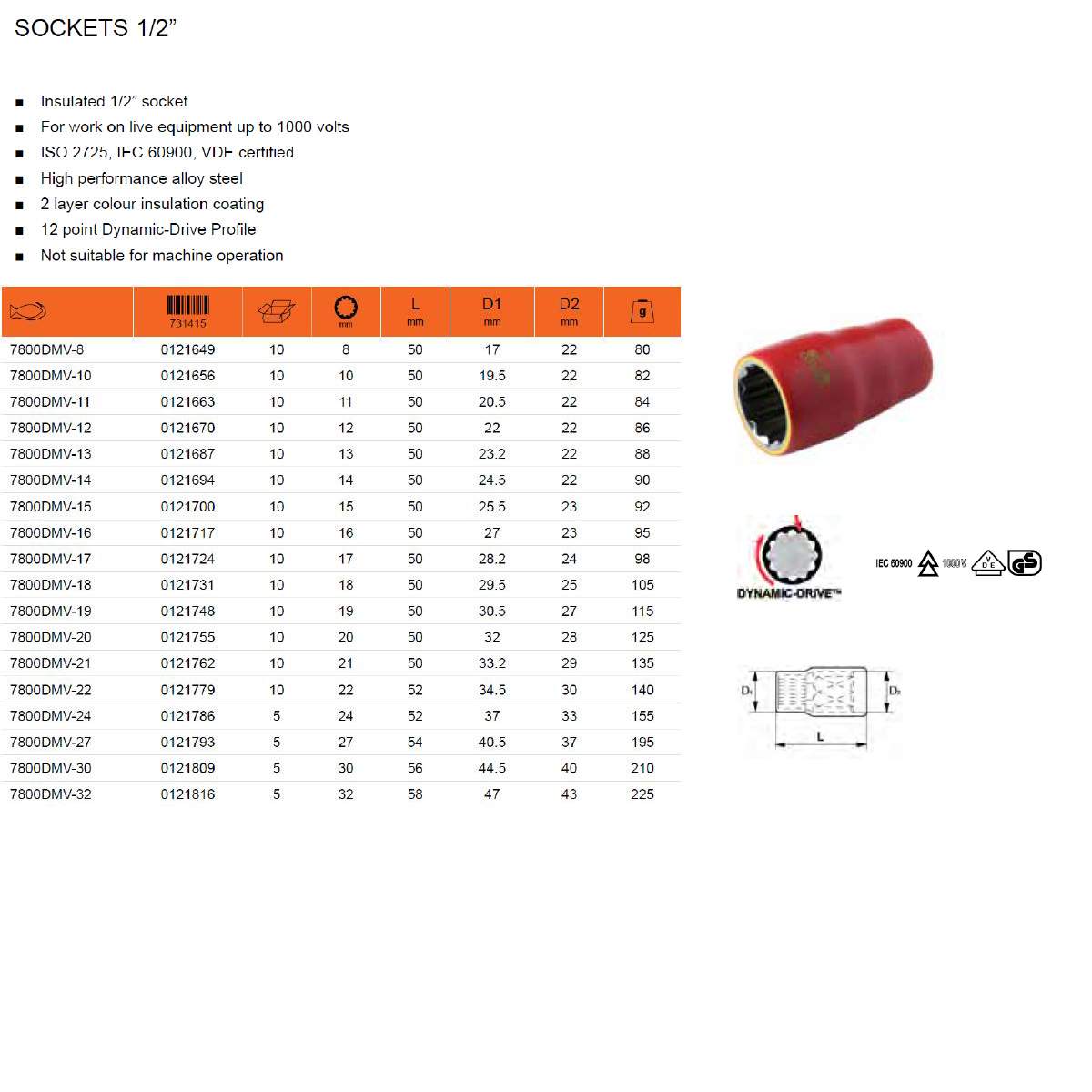 BAHCO 1/2方口 公制 1000V绝缘12角梅花套筒 16mm 7800DMV-16