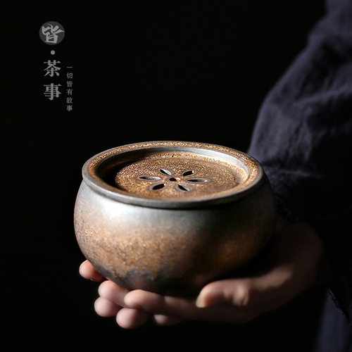 复古粗陶茶洗带盖家用泡茶水盂茶渣盆茶道配件建水陶瓷水洗定制