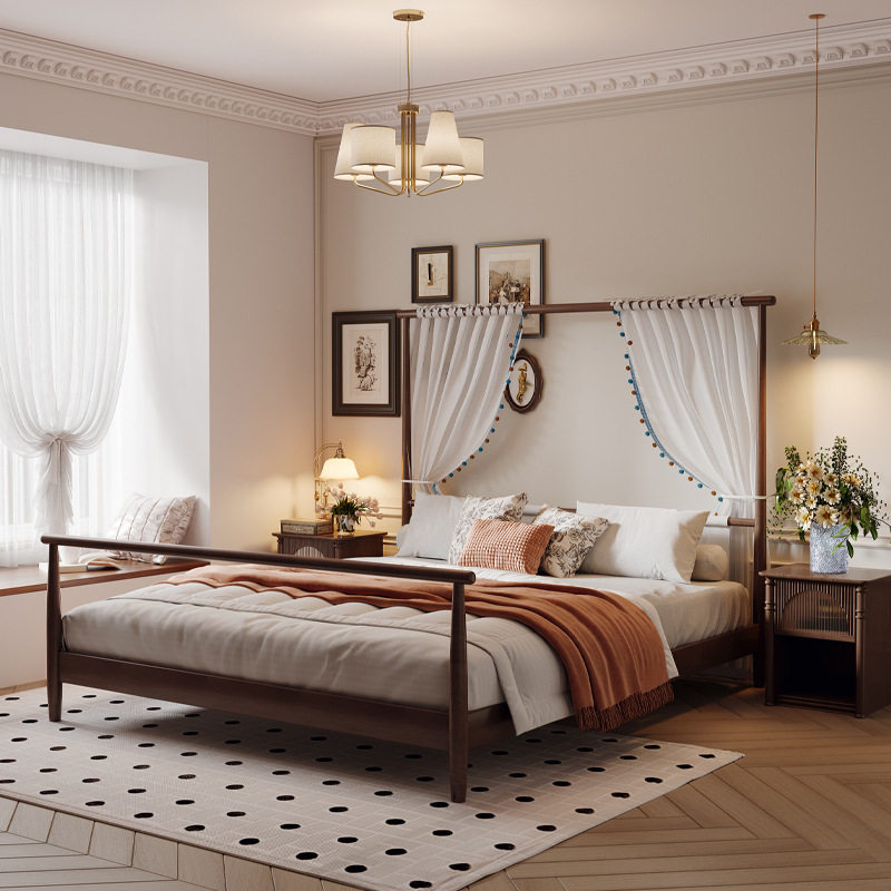 美式复古风实木架子床简约现代一米五单人纱幔1米8大床民宿风家具