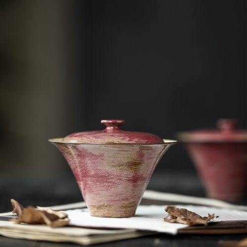 晴先生柿红/手工焉石陶泥原矿紫砂粉引 斗笠盖碗日式花口马蹄