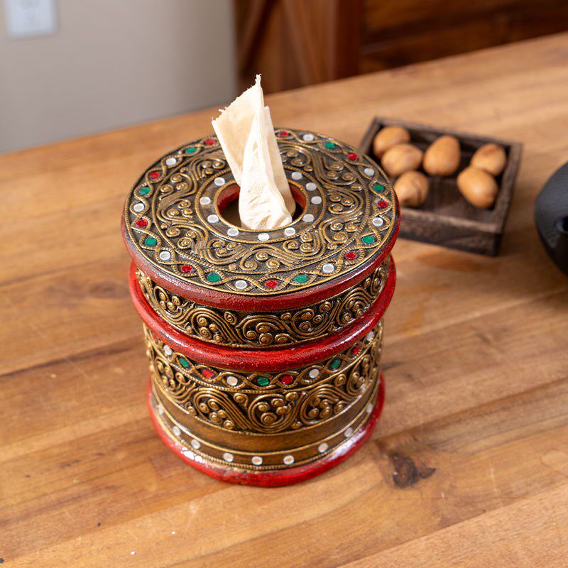 亚风木制装饰工艺品泰国彩绘纸巾盒复古创意纸巾筒