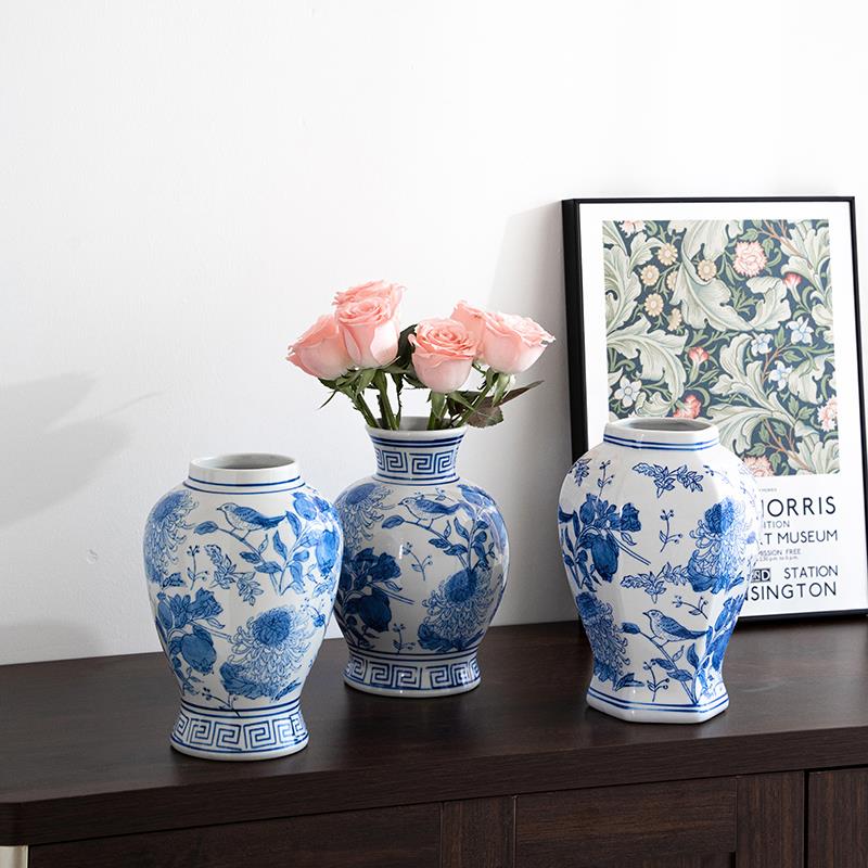 景德镇复古青花瓷大口径陶瓷花瓶水培插花鲜花客厅高级感古风摆件