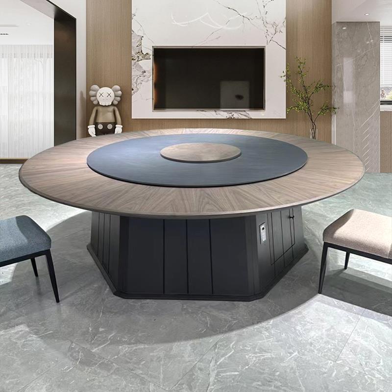 酒店餐桌电动岩板转盘大圆桌椅15人20饭店别墅包厢会所2米3米圆桌