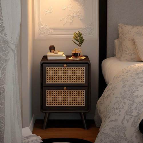 覆古床头柜实木藤编小型法式中古家用卧室收纳柜小众设计感床边柜