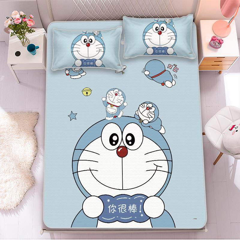 夏季叮当猫冰丝凉席三件套卧室儿童床单软席子学生宿舍可机洗席子