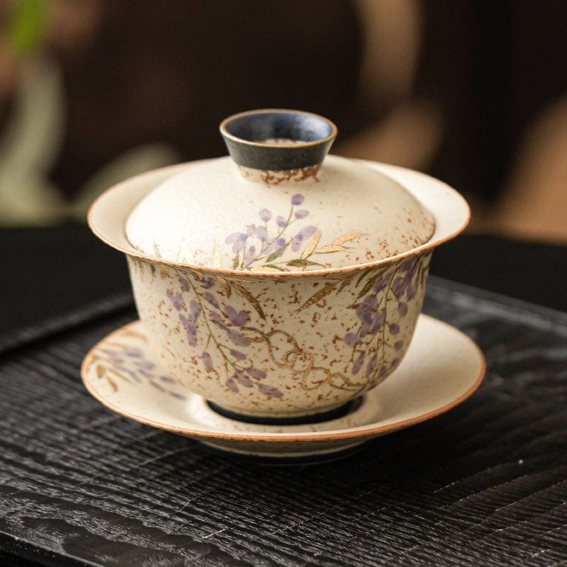 厂家青花火石红盖碗茶杯描金手绘紫藤花带盖泡茶碗三才不烫手单个