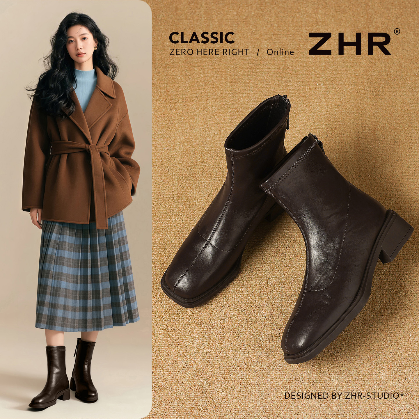 ZHR百搭英伦风复古高跟短靴女