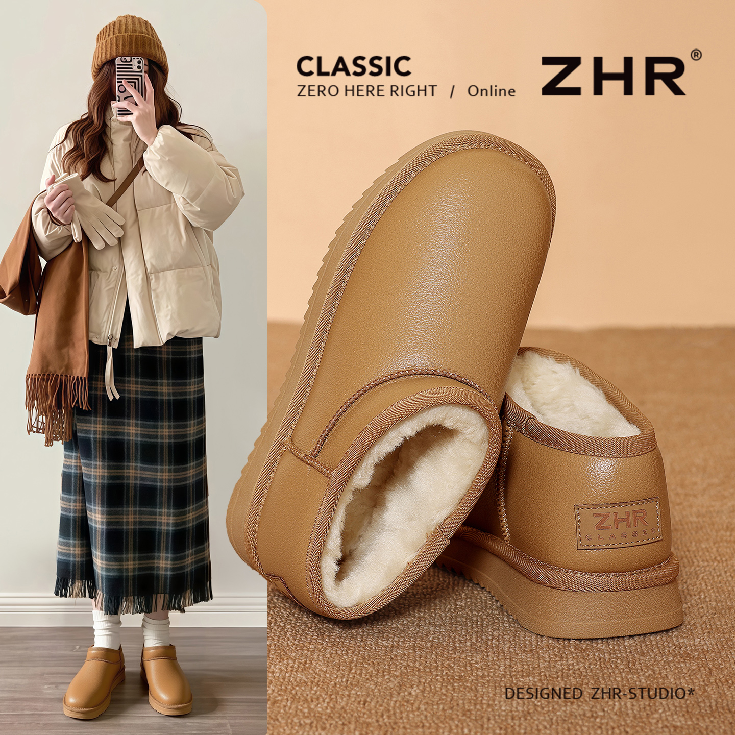 ZHR低筒雪地靴女厚底加绒保暖