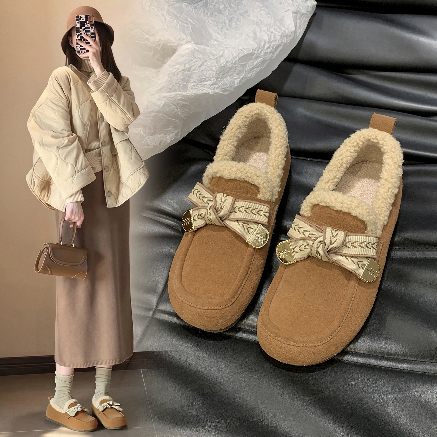 真皮甜美蝴蝶结内增高勃肯棉鞋女