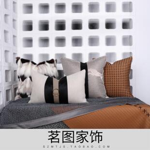 现代轻奢简约客厅橘色皮搭毯家居展厅皮草抱枕靠包腰枕样板房靠枕