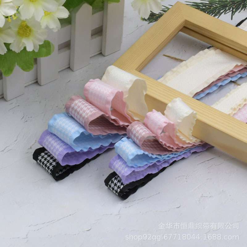 新款双面千鸟格荷叶边拼接格子编织织带diy服装辅料蝴蝶结发饰