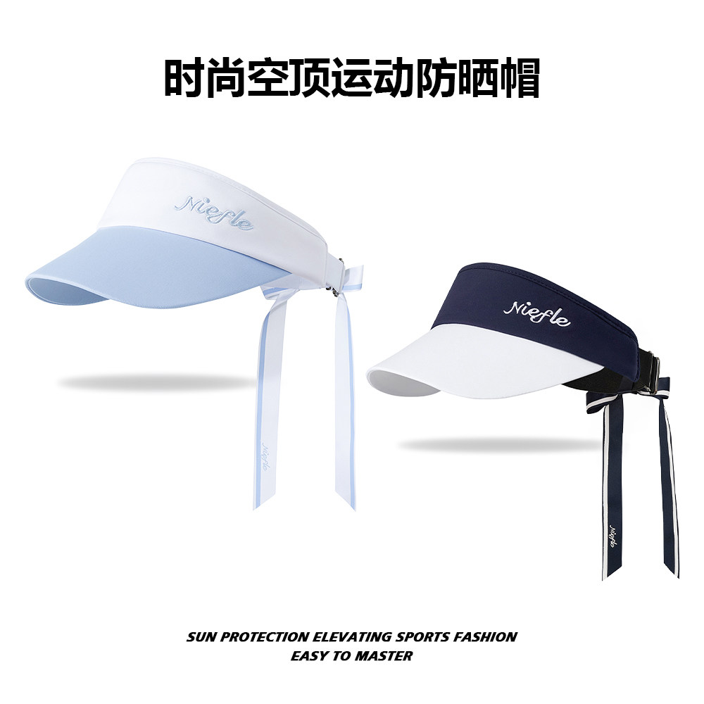 Niefle夏季高尔夫防晒帽女蝴蝶结魔术贴运动遮阳帽时尚拼色空顶帽