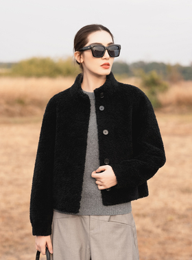 【知喜ziJoy】秋冬百搭爆款时尚加厚保暖宽松绵羊毛黑色毛呢外套