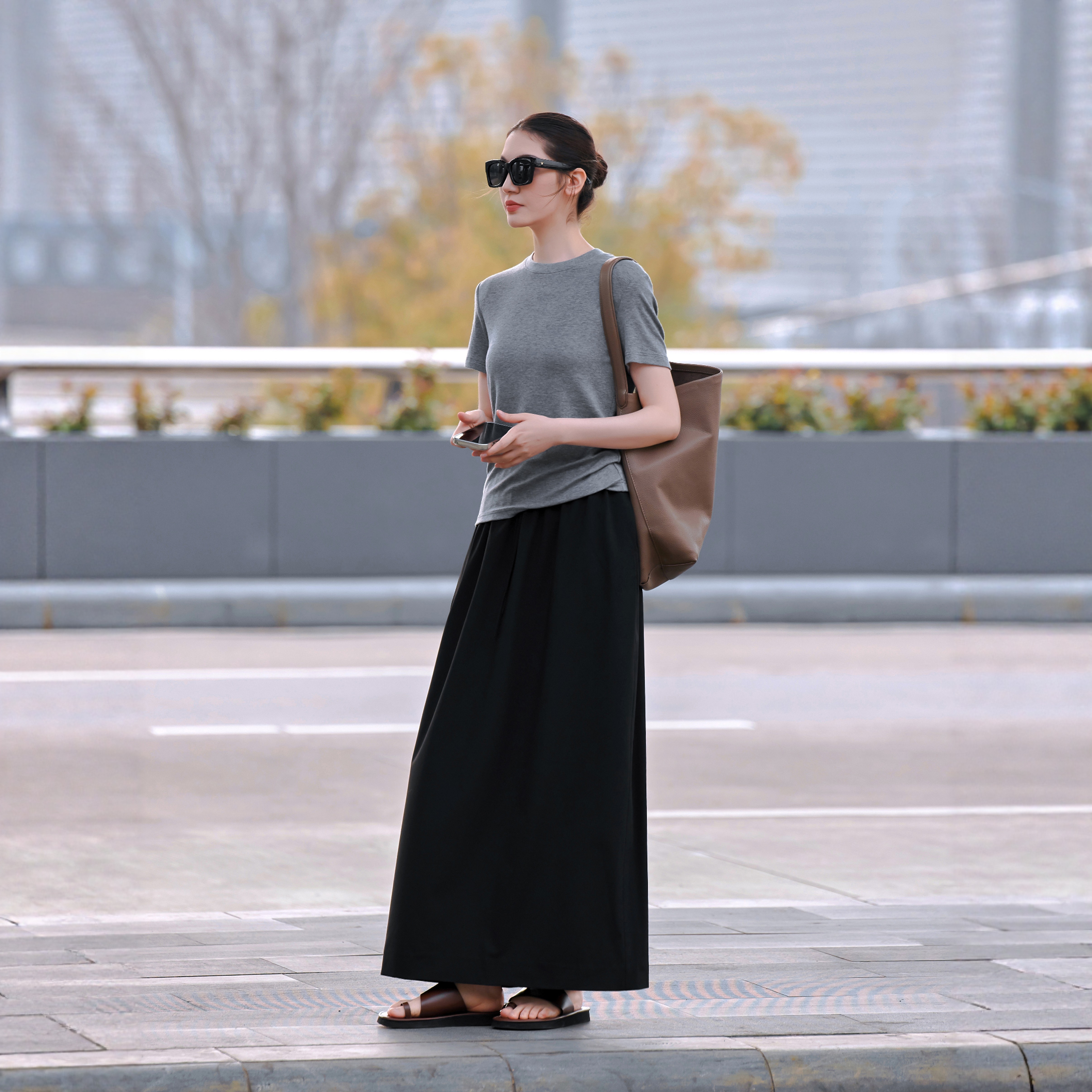 【知喜ziJoy】26春夏新款羊毛简约短袖女后开叉高级感半身裙套装
