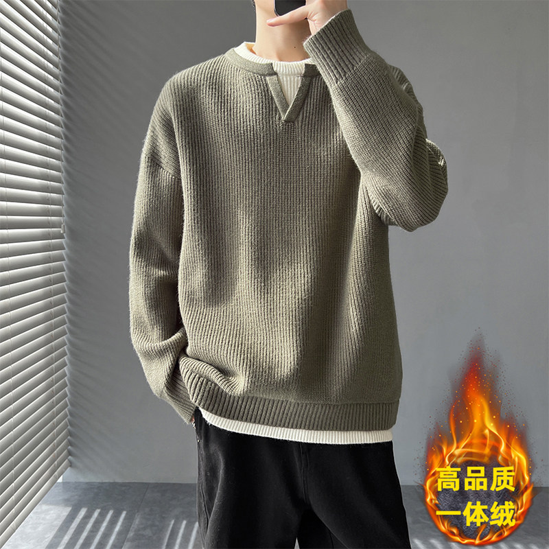 日系休闲假两件针织衫男秋冬季套头上衣情侣百搭V领加绒保暖毛衣图片