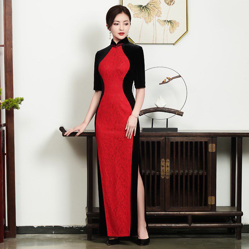 走秀旗袍2025年新款高端年轻款黑色长款中袖春夏款中式表演礼服女
