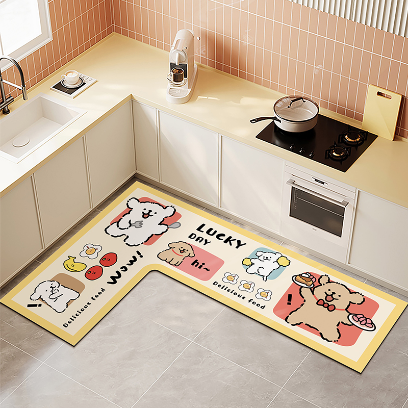 厨房专用地垫卡通小狗硅藻泥L形吸水吸油防滑脚垫可擦洗长条地毯