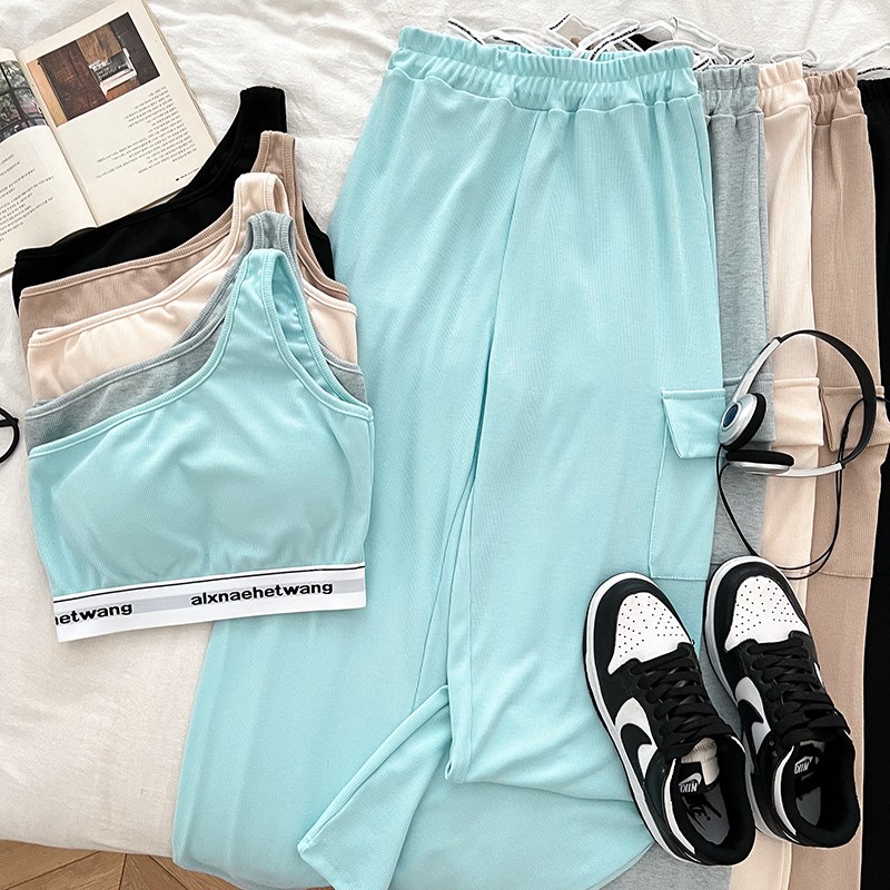 设计感时尚斜肩吊带背心上衣+松紧腰显瘦工装休闲裤阔腿裤两件套